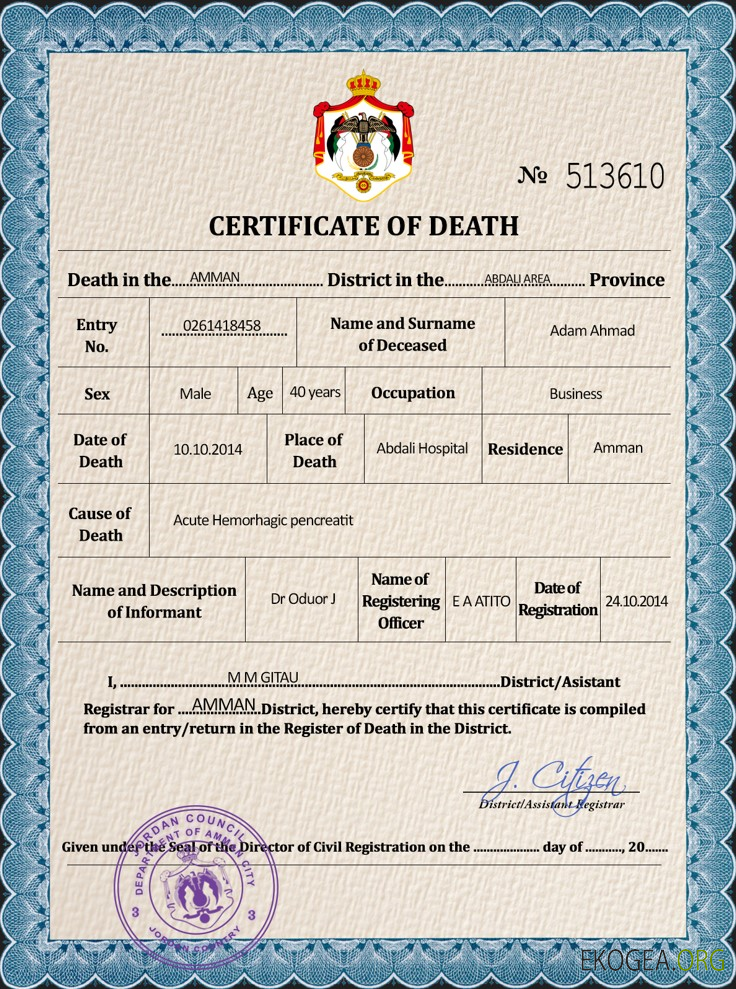 Modèle PSD de certificat de décès de l'état civil de Jordanie